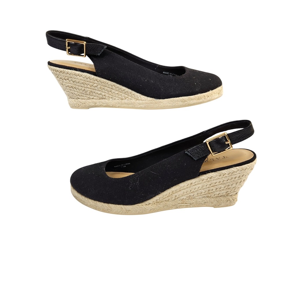 Talbots Black Canvas Slingback Wedge Espadrille Heels Women's Size 7.5M